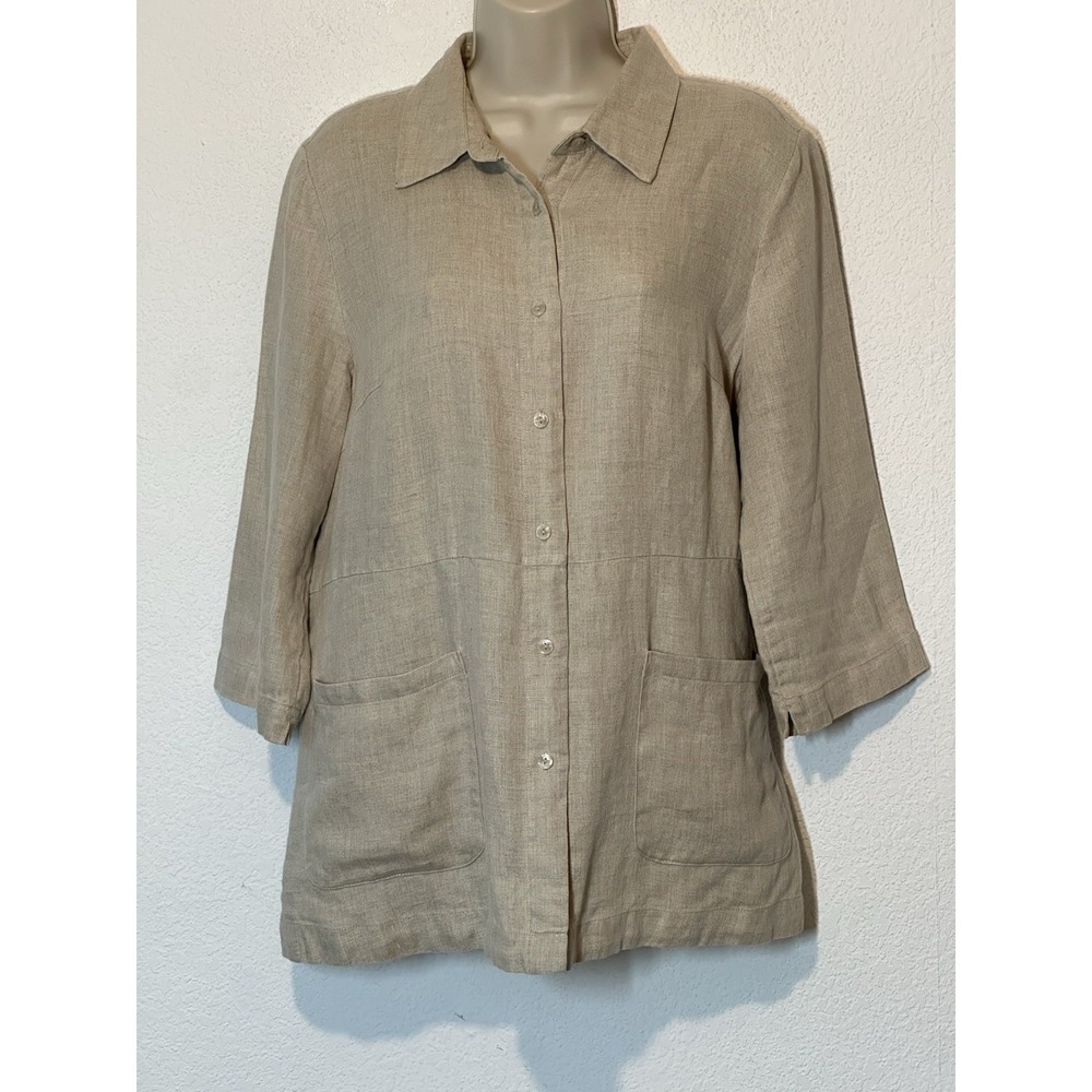 Coldwater Creek‎ 100% Linen Shirt Jacket Beige Pockets M Lagenlook Minimalist